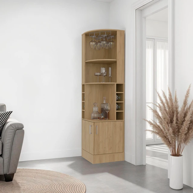 Main image of Corner Bar Cabinet with Wine Storage and Glass Rack, Oak, Particle Board