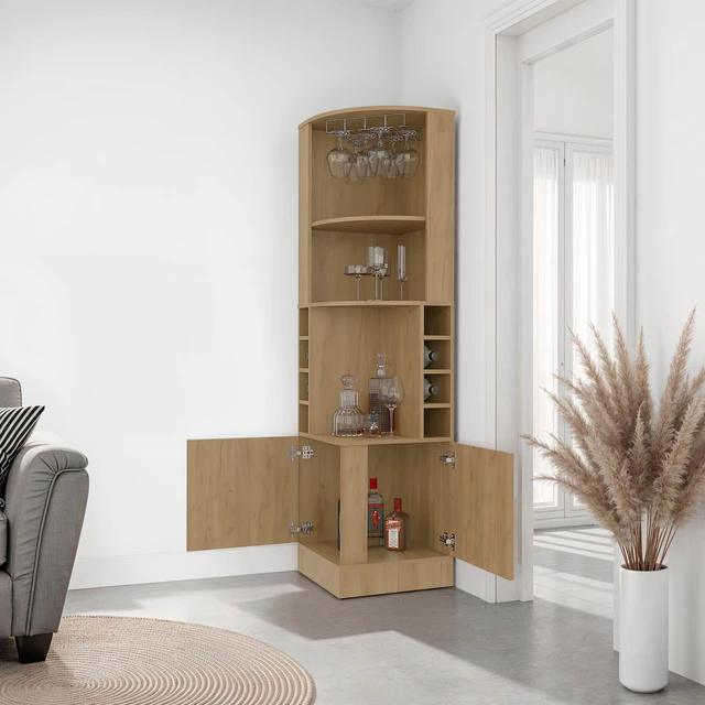 Alt view image 2 of 7 - Corner Bar Cabinet with Wine Storage and Glass Rack, Oak, Particle Board