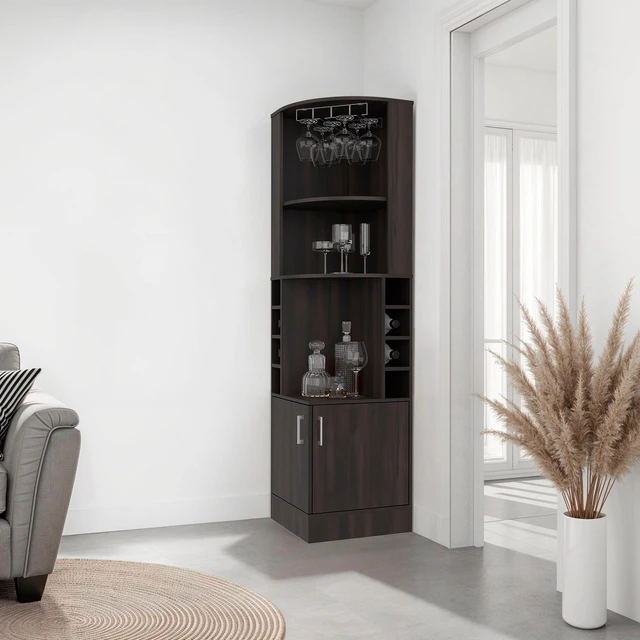 Main image of Stained Corner Bar Cabinet with Wine Storage and Glass Rack, Walnut, Particle Board