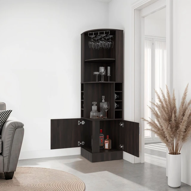 Alt view image 2 of 7 - Stained Corner Bar Cabinet with Wine Storage and Glass Rack, Walnut, Particle Board