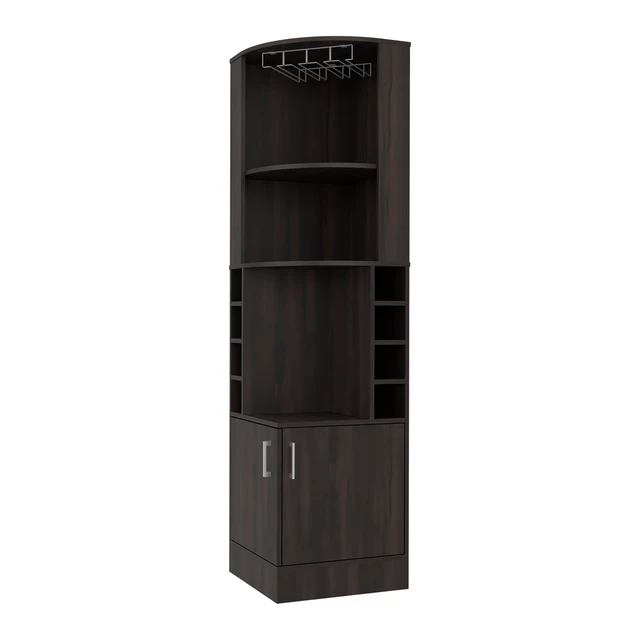 Alt view image 3 of 7 - Stained Corner Bar Cabinet with Wine Storage and Glass Rack, Walnut, Particle Board