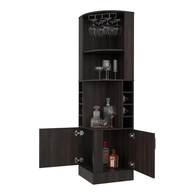 Alt view image 5 of 7 - Stained Corner Bar Cabinet with Wine Storage and Glass Rack, Walnut, Particle Board