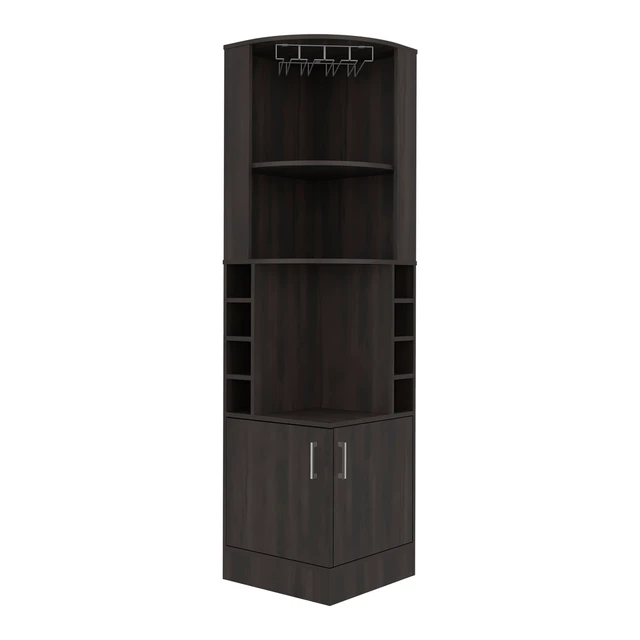 Alt view image 4 of 7 - Stained Corner Bar Cabinet with Wine Storage and Glass Rack, Walnut, Particle Board