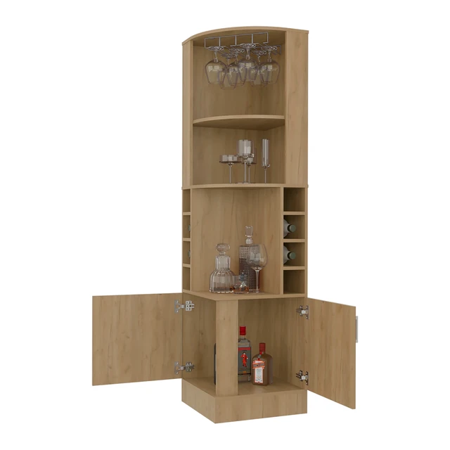 Alt view image 5 of 7 - Corner Bar Cabinet with Wine Storage and Glass Rack, Oak, Particle Board