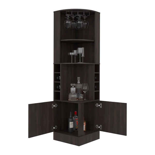 Alt view image 6 of 7 - Stained Corner Bar Cabinet with Wine Storage and Glass Rack, Walnut, Particle Board