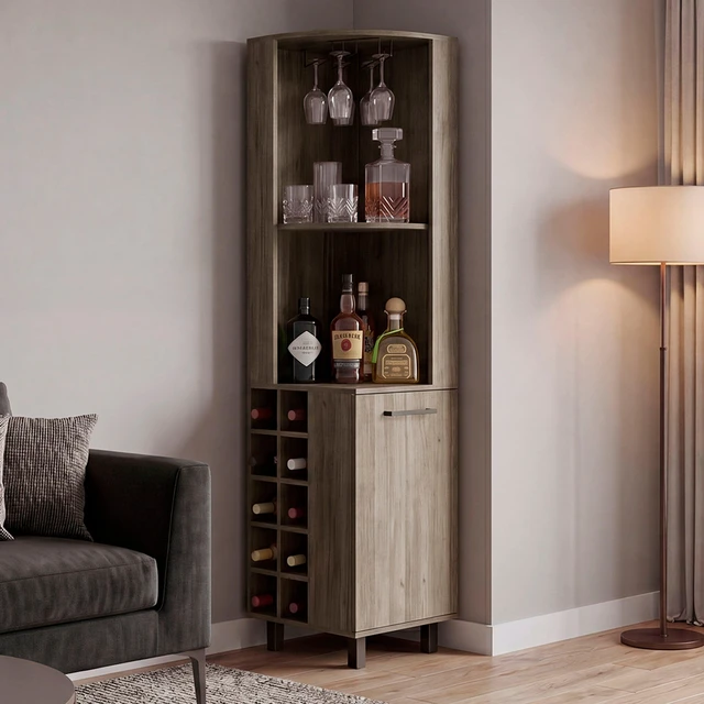 Main image of Corner Bar Cabinet with Wine Bottle Storage and Stemware Rack, Dark Oak, Particle Board