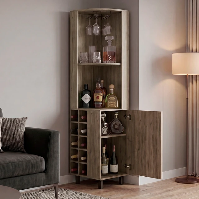 Alt view image 2 of 7 - Corner Bar Cabinet with Wine Bottle Storage and Stemware Rack, Dark Oak, Particle Board
