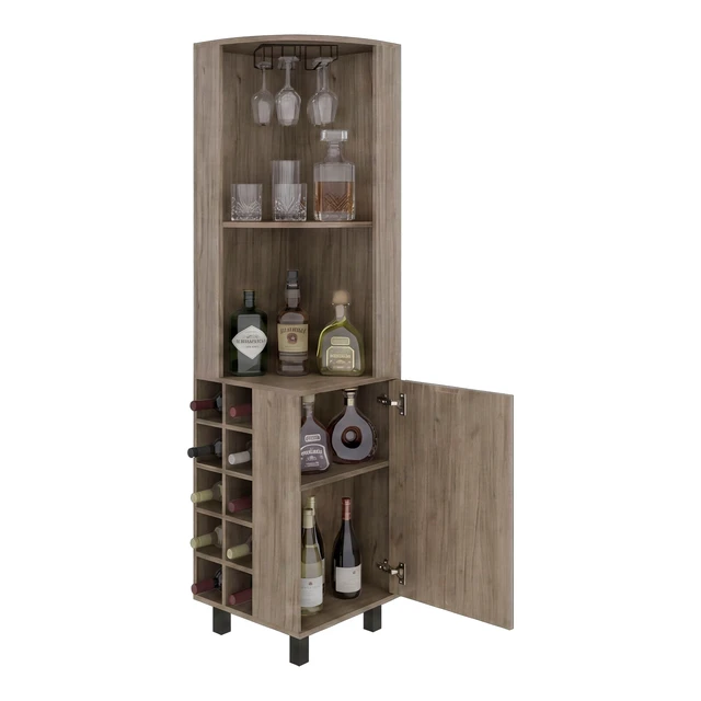 Alt view image 6 of 7 - Corner Bar Cabinet with Wine Bottle Storage and Stemware Rack, Dark Oak, Particle Board