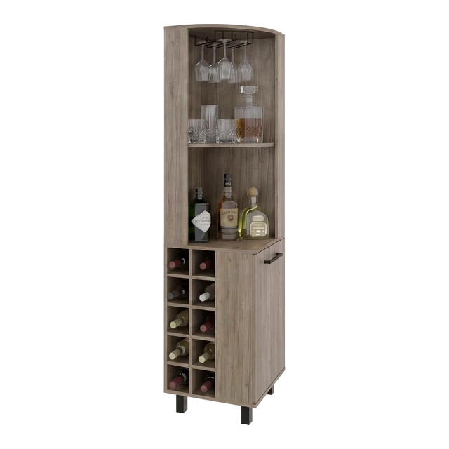 Alt view image 4 of 7 - Corner Bar Cabinet with Wine Bottle Storage and Stemware Rack, Dark Oak, Particle Board