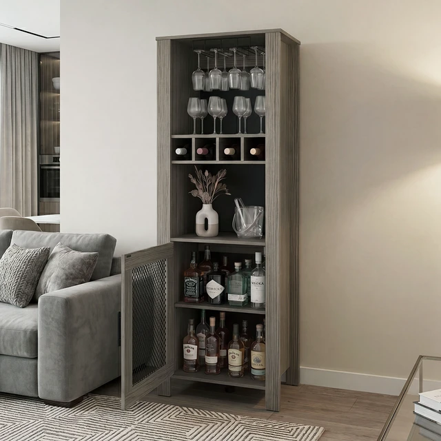 Alt view image 2 of 7 - One Door Bar Cabinet with 2 Shelves, Open Storage 4 Bottle Racks and Glass Cup Holders, Grayish, Particle Board