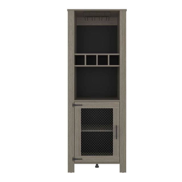 Alt view image 7 of 7 - One Door Bar Cabinet with 2 Shelves, Open Storage 4 Bottle Racks and Glass Cup Holders, Grayish, Particle Board