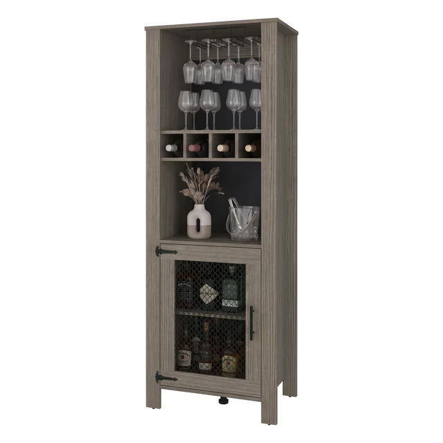 Alt view image 6 of 7 - One Door Bar Cabinet with 2 Shelves, Open Storage 4 Bottle Racks and Glass Cup Holders, Grayish, Particle Board