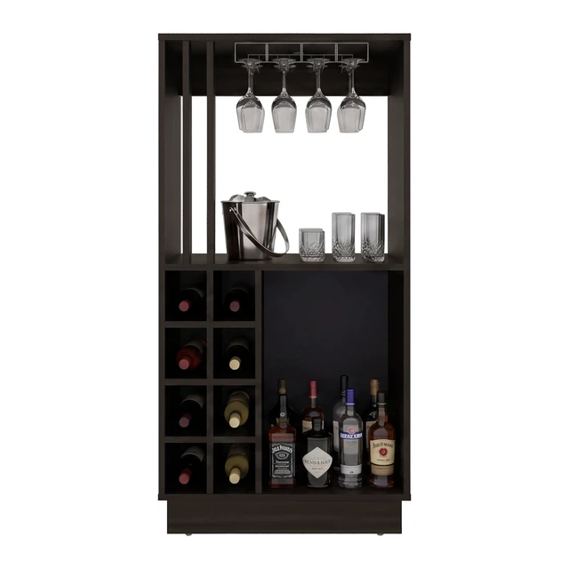 Alt view image 3 of 7 - Bar Cabinet with Wine Bottle Storage, Glass Holder Shelves and Cabinet Doors, Dark Oak, Particle Board