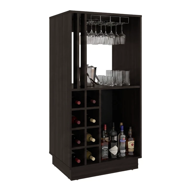 Alt view image 2 of 7 - Bar Cabinet with Wine Bottle Storage, Glass Holder Shelves and Cabinet Doors, Dark Oak, Particle Board