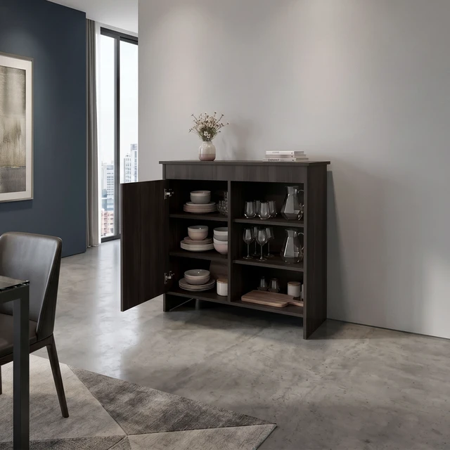 Alt view image 2 of 7 - Dago Sideboard Storage Cabinet with 2 Doors, Interior Shelves Accent Buffet Cabinet for Dining, Dark Oak, Particle Board