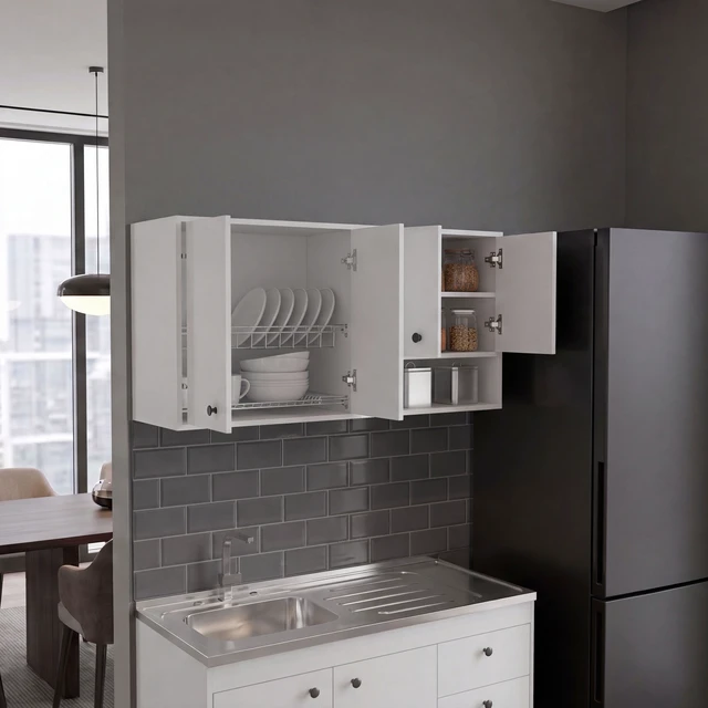 Alt view image 2 of 7 - Wall-Mounted Kitchen Cabinet with 4 Door Closed Storage Cabinets, Interior Shelves and Open Small Storage Space, White