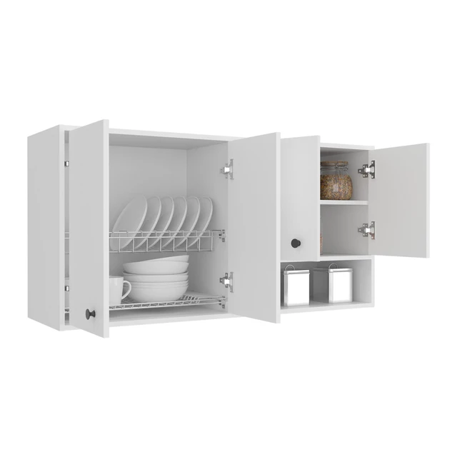 Alt view image 5 of 7 - Wall-Mounted Kitchen Cabinet with 4 Door Closed Storage Cabinets, Interior Shelves and Open Small Storage Space, White