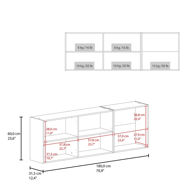 Alt view image 4 of 7 - Wall-Mounted Kitchen 5 Door Cabinet with Interior Storage Shelves and Open Middle Shelf, Dark Brown, Particle Board