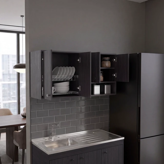 Alt view image 2 of 7 - Wall-Mounted Kitchen Cabinet with 4 Door Closed Storage Cabinets, Interior Shelves and Open Small Storage Space, Dark