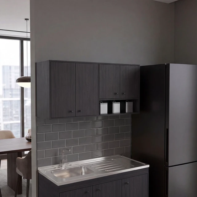 Main image of Wall-Mounted Kitchen Cabinet with 4 Door Closed Storage Cabinets, Interior Shelves and Open Small Storage Space, Dark