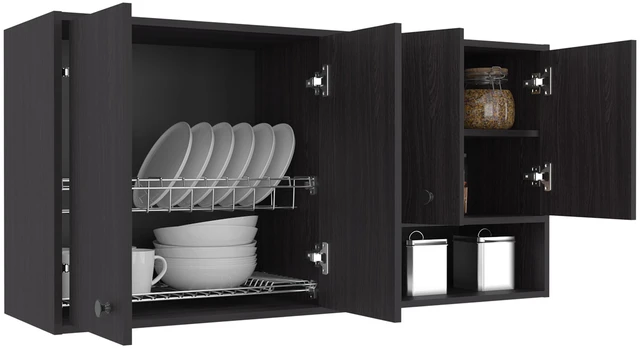 Alt view image 3 of 7 - Wall-Mounted Kitchen Cabinet with 4 Door Closed Storage Cabinets, Interior Shelves and Open Small Storage Space, Dark
