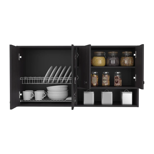 Alt view image 5 of 7 - Wall-Mounted Kitchen Cabinet with 4 Door Closed Storage Cabinets, Interior Shelves and Open Small Storage Space, Dark