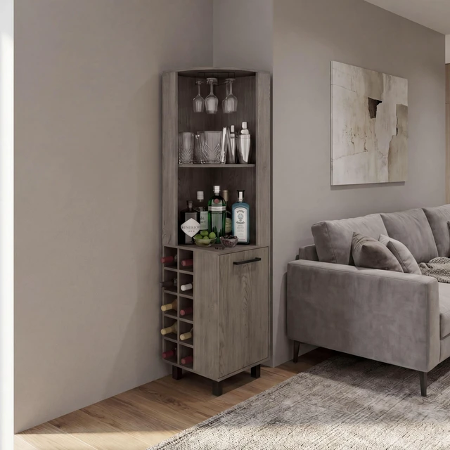 Main image of Corner Bar Cabinet with Wine Cubbies, Stemware Rack and 4 Shelves, Light Gray, Particle Board