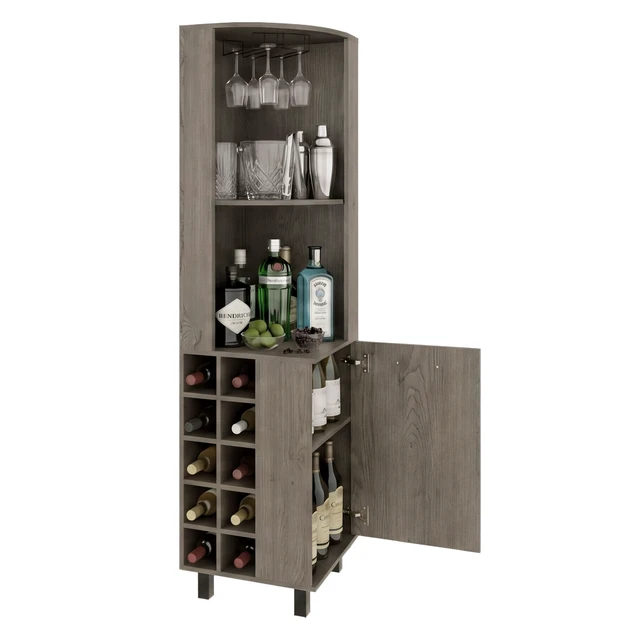Alt view image 5 of 7 - Corner Bar Cabinet with Wine Cubbies, Stemware Rack and 4 Shelves, Light Gray, Particle Board