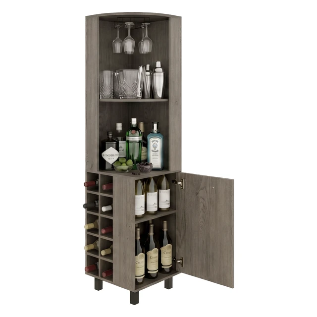 Alt view image 6 of 7 - Corner Bar Cabinet with Wine Cubbies, Stemware Rack and 4 Shelves, Light Gray, Particle Board