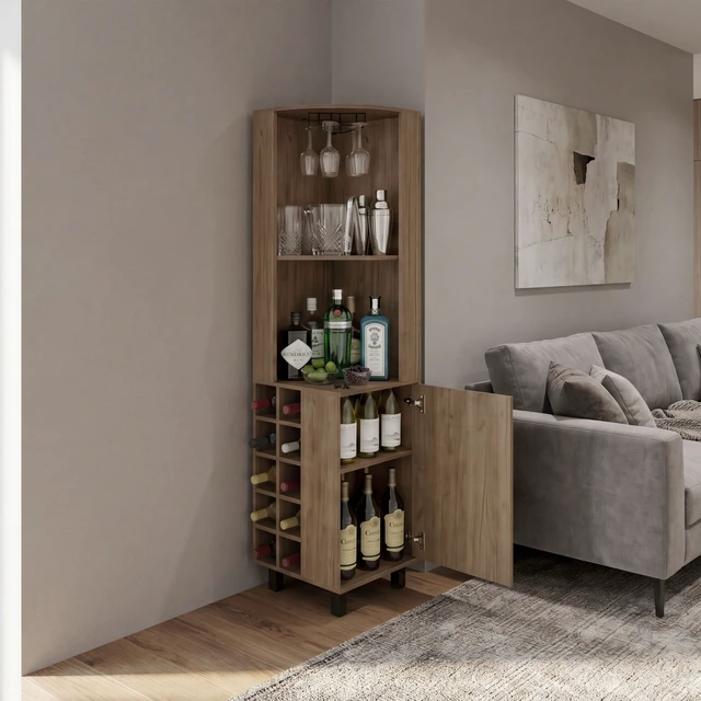 Alt view image 2 of 7 - Corner Bar Cabinet with Wine Cubbies, Stemware Rack and 4 Shelves, Light Oak, Particle Board