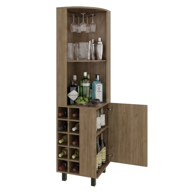 Alt view image 3 of 7 - Corner Bar Cabinet with Wine Cubbies, Stemware Rack and 4 Shelves, Light Oak, Particle Board