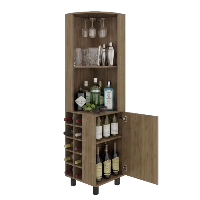 Alt view image 5 of 7 - Corner Bar Cabinet with Wine Cubbies, Stemware Rack and 4 Shelves, Light Oak, Particle Board