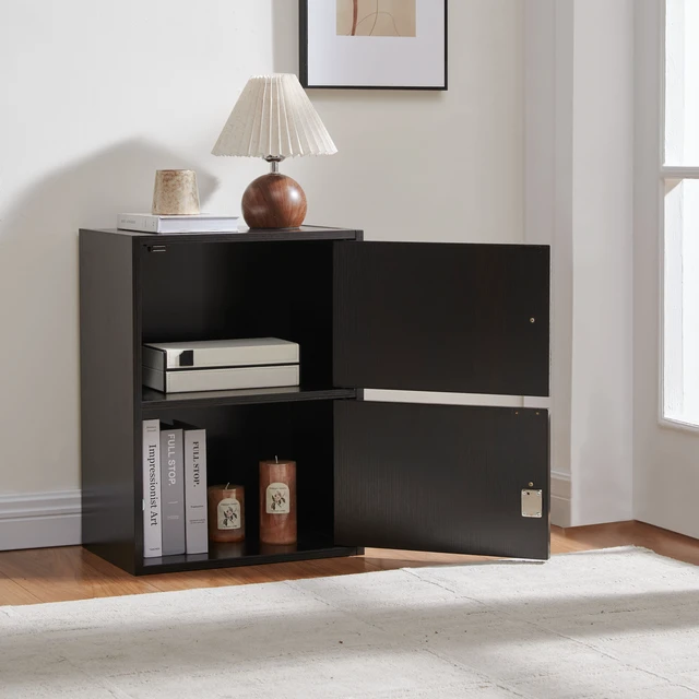 Alt view image 2 of 7 - Two Door Narrow Corner Storage Cabinet Locking Door Metal Lock Two Keys Large Comfort Wooden Knob Handles Cocoa Color