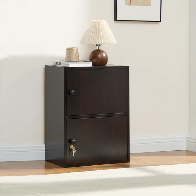 Main image of Two Door Narrow Corner Storage Cabinet Locking Door Metal Lock Two Keys Large Comfort Wooden Knob Handles Cocoa Color