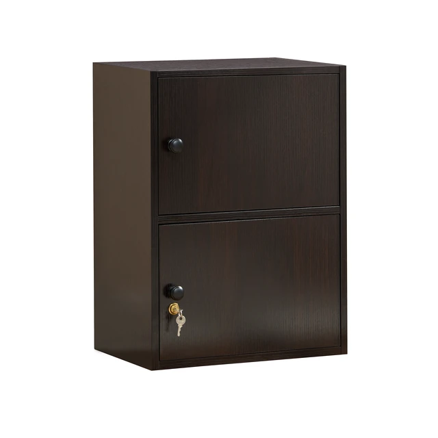 Alt view image 6 of 7 - Two Door Narrow Corner Storage Cabinet Locking Door Metal Lock Two Keys Large Comfort Wooden Knob Handles Cocoa Color