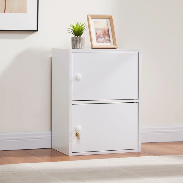 Main image of Two Door Narrow Corner Storage Cabinet Locking Door Metal Lock Two Keys Large Comfort Wooden Knob Handles Color, White