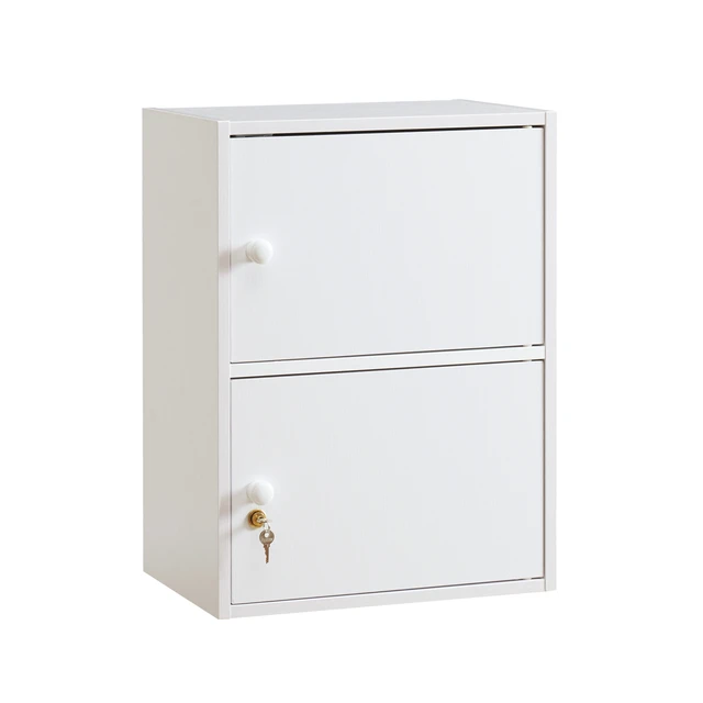 Alt view image 6 of 7 - Two Door Narrow Corner Storage Cabinet Locking Door Metal Lock Two Keys Large Comfort Wooden Knob Handles Color, White