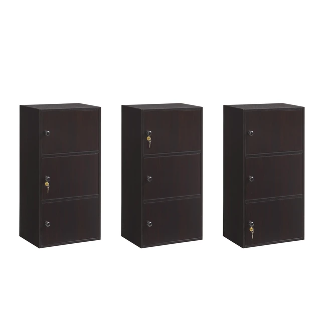 Alt view image 4 of 7 - Three Door Narrow Corner Storage Cabinet Locking Door Metal Lock Two Keys Large Comfort Wooden Knob Handles Cocoa
