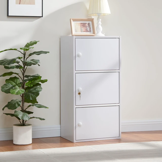 Main image of Three Door Narrow Corner Storage Cabinet Locking Door Metal Lock Two Keys Large Comfort Wooden Knob Handles Color
