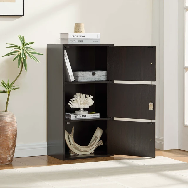 Alt view image 2 of 7 - Three Door Narrow Corner Storage Cabinet Locking Door Metal Lock Two Keys Large Comfort Wooden Knob Handles Cocoa