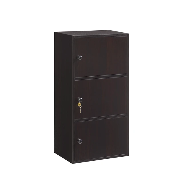 Alt view image 6 of 7 - Three Door Narrow Corner Storage Cabinet Locking Door Metal Lock Two Keys Large Comfort Wooden Knob Handles Cocoa