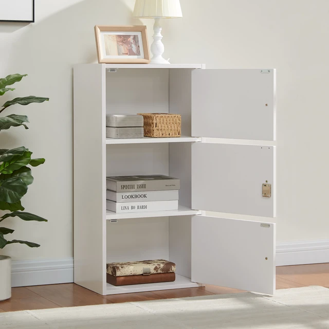 Alt view image 2 of 7 - Three Door Narrow Corner Storage Cabinet Locking Door Metal Lock Two Keys Large Comfort Wooden Knob Handles Color