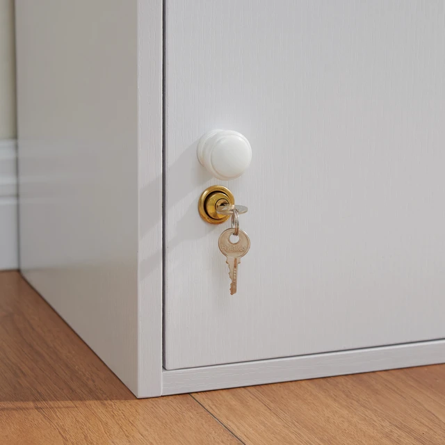 Alt view image 3 of 7 - Two Door Narrow Corner Storage Cabinet Locking Door Metal Lock Two Keys Large Comfort Wooden Knob Handles Color, White