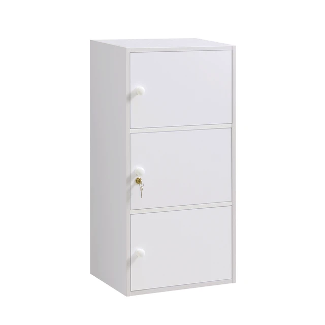 Alt view image 7 of 7 - Three Door Narrow Corner Storage Cabinet Locking Door Metal Lock Two Keys Large Comfort Wooden Knob Handles Color