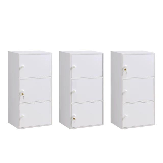 Alt view image 5 of 7 - Three Door Narrow Corner Storage Cabinet Locking Door Metal Lock Two Keys Large Comfort Wooden Knob Handles Color
