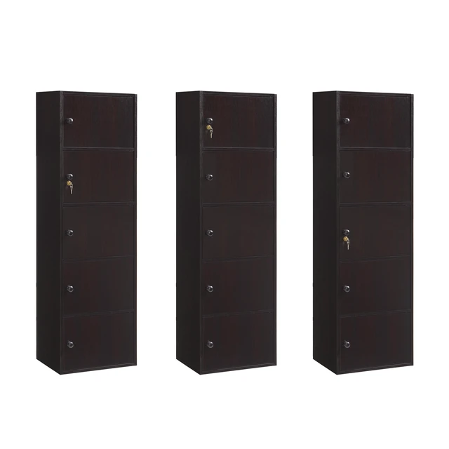 Alt view image 4 of 7 - Five Door Narrow Corner Storage Cabinet Locking Door Metal Lock Two Keys Large Comfort Wooden Knob Handles Coca Color