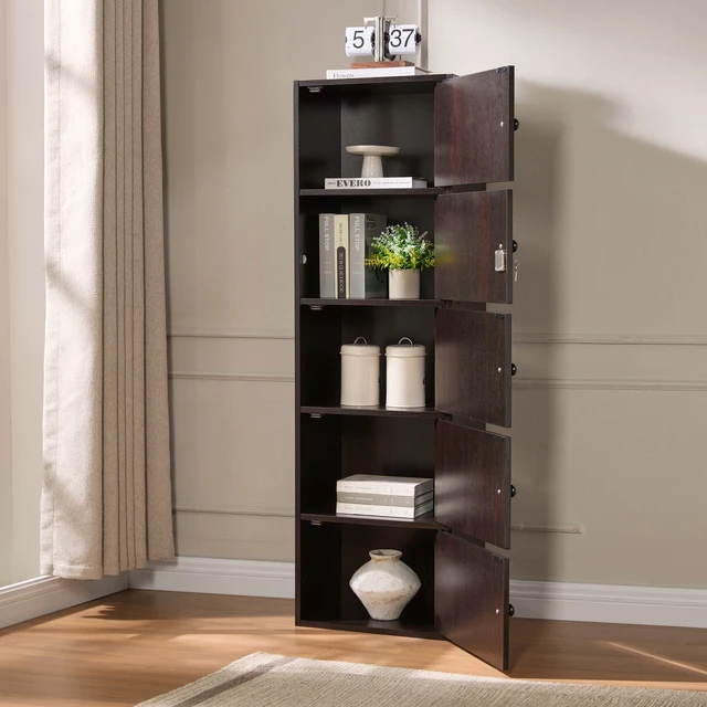 Alt view image 2 of 7 - Five Door Narrow Corner Storage Cabinet Locking Door Metal Lock Two Keys Large Comfort Wooden Knob Handles Coca Color