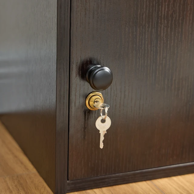 Alt view image 4 of 7 - Two Door Narrow Corner Storage Cabinet Locking Door Metal Lock Two Keys Large Comfort Wooden Knob Handles Cocoa Color
