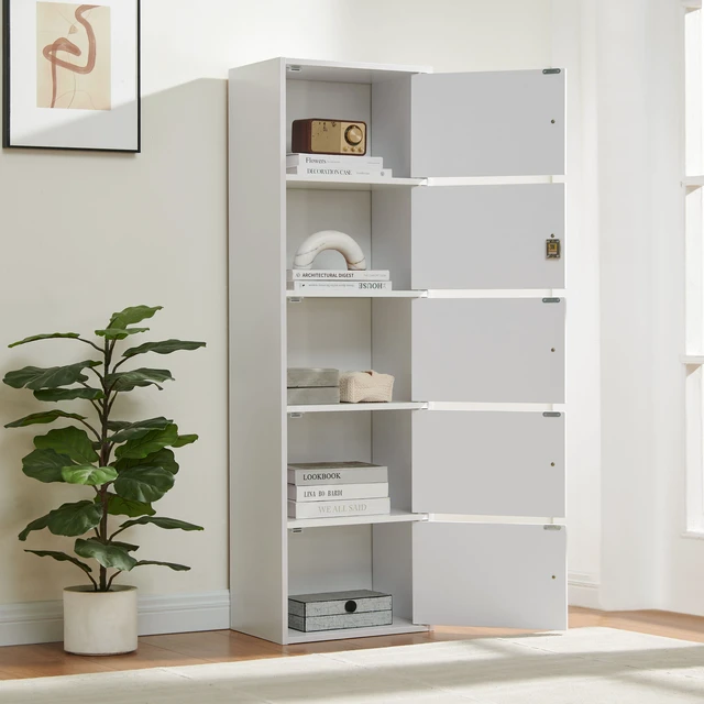 Alt view image 2 of 7 - Five Door Narrow Corner Storage Cabinet Locking Door Metal Lock Two Keys Large Comfort Wooden Knob Handles Color