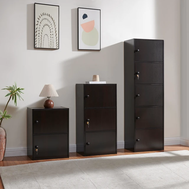 Alt view image 5 of 7 - Two Door Narrow Corner Storage Cabinet Locking Door Metal Lock Two Keys Large Comfort Wooden Knob Handles Cocoa Color